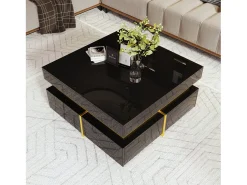 Mesa De Centro* Mesa de centro 70x70cmx35,5, mesa quadrada alto brilho com gavetas e detalhes dourados, preta Preto