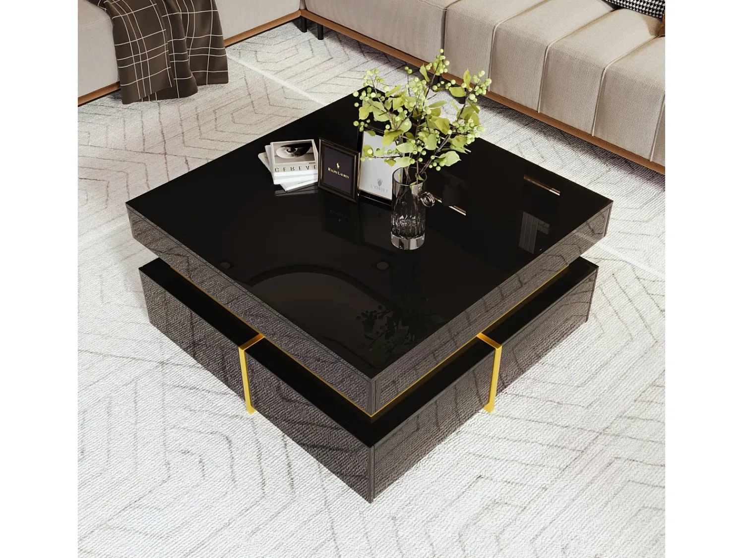 Mesa De Centro* Mesa de centro 70x70cmx35,5, mesa quadrada alto brilho com gavetas e detalhes dourados, preta Preto
