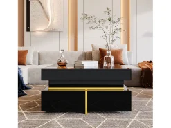 Mesa De Centro* Mesa de centro 70x70cmx35,5, mesa quadrada alto brilho com gavetas e detalhes dourados, preta Preto