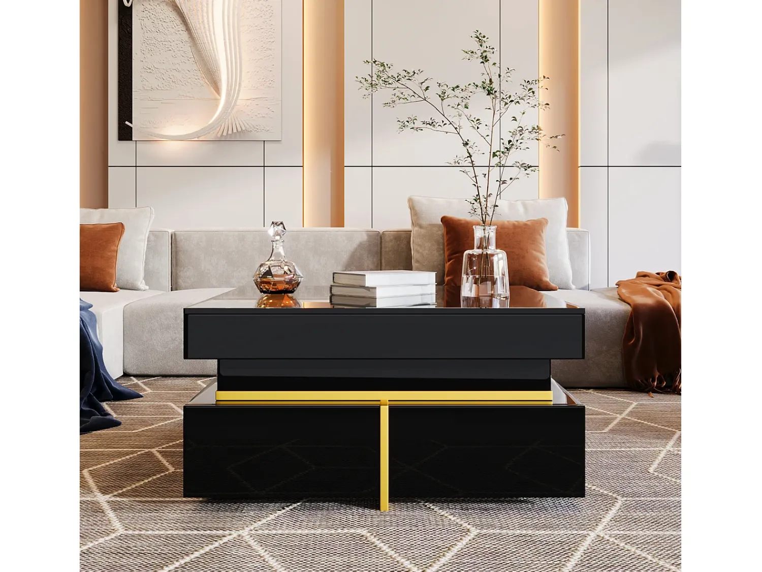 Mesa De Centro* Mesa de centro 70x70cmx35,5, mesa quadrada alto brilho com gavetas e detalhes dourados, preta Preto