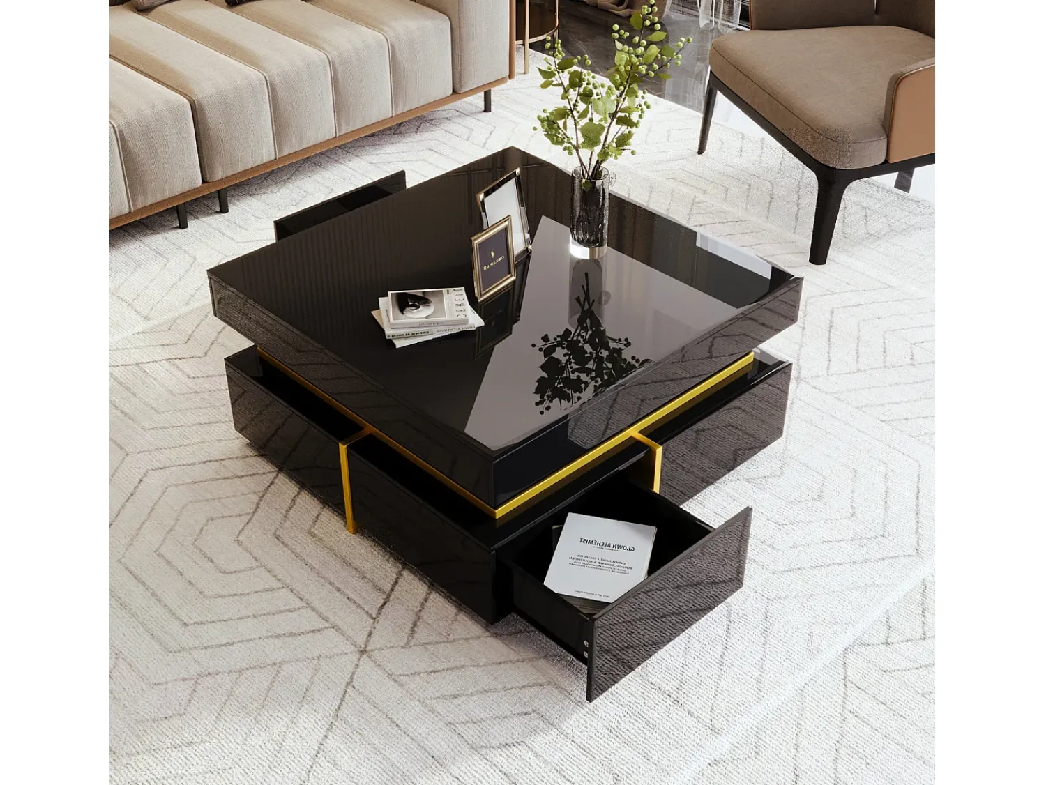 Mesa De Centro* Mesa de centro 70x70cmx35,5, mesa quadrada alto brilho com gavetas e detalhes dourados, preta Preto