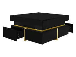 Mesa De Centro* Mesa de centro 70x70cmx35,5, mesa quadrada alto brilho com gavetas e detalhes dourados, preta Preto