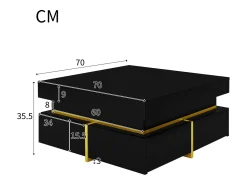 Mesa De Centro* Mesa de centro 70x70cmx35,5, mesa quadrada alto brilho com gavetas e detalhes dourados, preta Preto