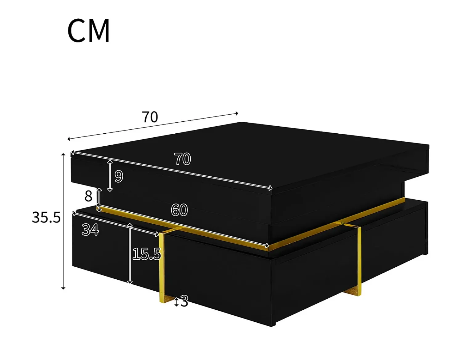 Mesa De Centro* Mesa de centro 70x70cmx35,5, mesa quadrada alto brilho com gavetas e detalhes dourados, preta Preto