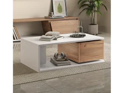 Mesa De Centro|ModernLuxe Mesa de centro 90x50x30 cm - 1 gaveta - giratório 360° - Espaço de armazenamento aberto - MDF - Branco + Natural Natural claro / Branco