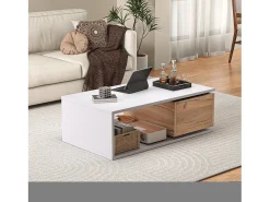 Mesa De Centro|ModernLuxe Mesa de centro 90x50x30 cm - 1 gaveta - giratório 360° - Espaço de armazenamento aberto - MDF - Branco + Natural Natural claro / Branco