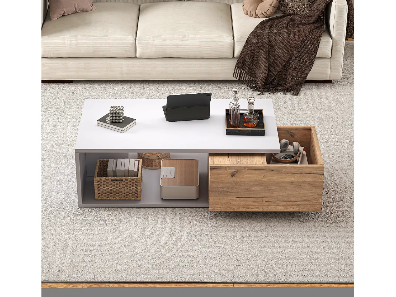 Mesa De Centro|ModernLuxe Mesa de centro 90x50x30 cm - 1 gaveta - giratório 360° - Espaço de armazenamento aberto - MDF - Branco + Natural Natural claro / Branco