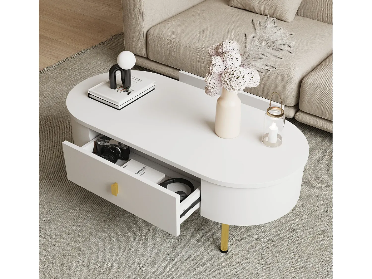 Mesa De Centro|ModernLuxe Mesa de centro 108x50x40 cm - com 2 gavetas - puxadores e pés dourados - Branco