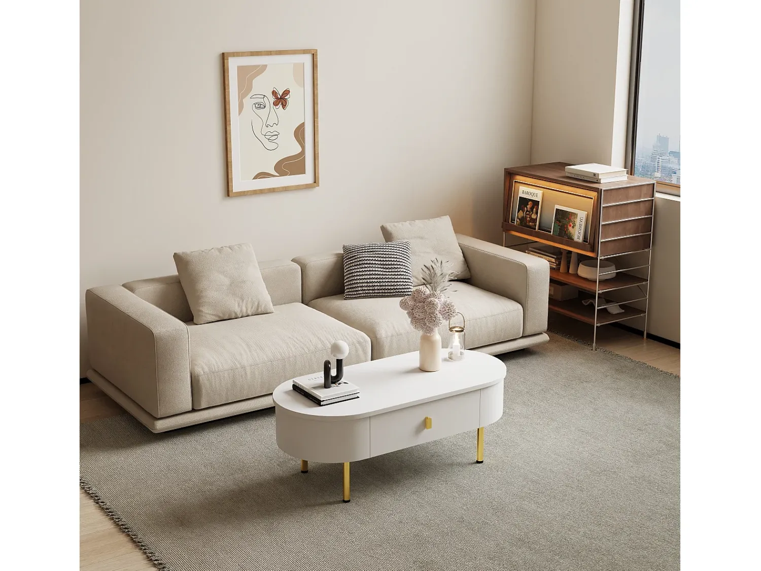 Mesa De Centro|ModernLuxe Mesa de centro 108x50x40 cm - com 2 gavetas - puxadores e pés dourados - Branco
