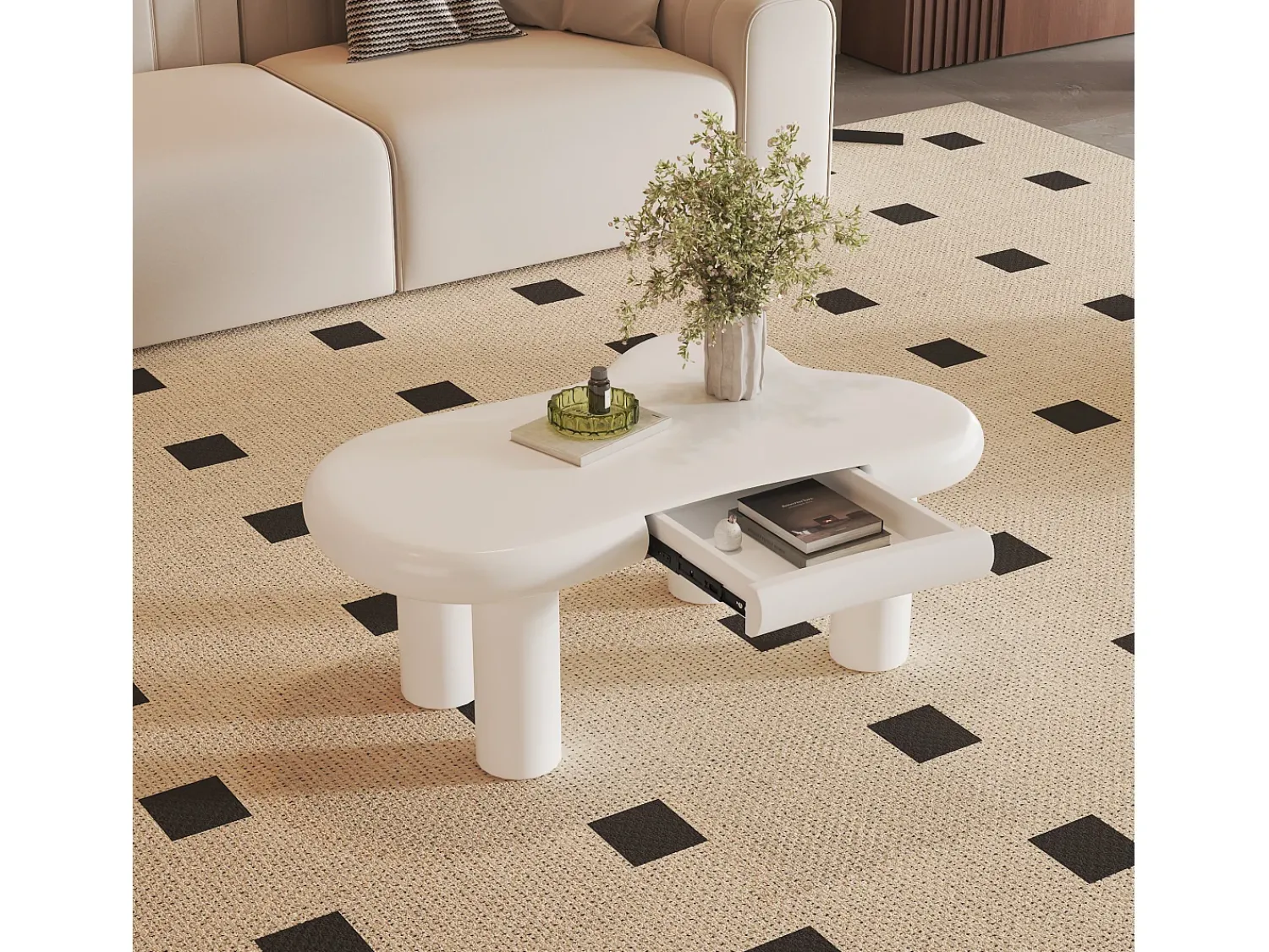 ModernLuxe Mesa de centro 98x65.5x40 cm - forma de nuvem - 1 gaveta - com iluminação LED -^ Mesa De Centro