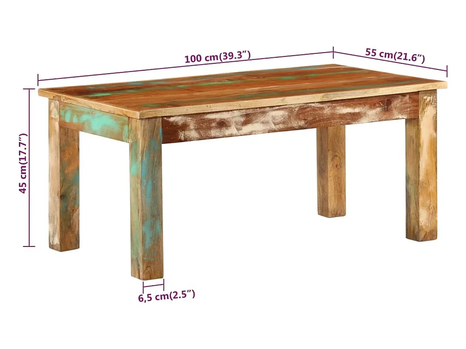 Sale vidaxl Mesa de centro 100x55x45 cm madeira recuperada maciça Multicor