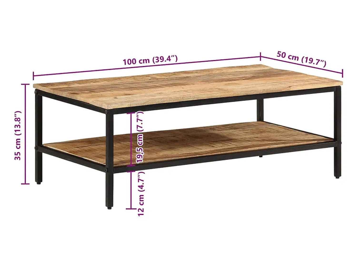 Outlet vidaxl Mesa de centro 100x50x35 cm madeira de mangueira áspera maciça Natural claro