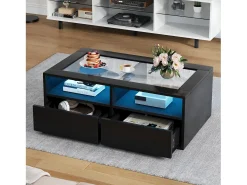 Mesa De Centro*ModernLuxe Mesa de centro 100x50x35cm - com iluminação LED - 2 gavetas - Tampo de vidro - Armazenamento aberto - Preto