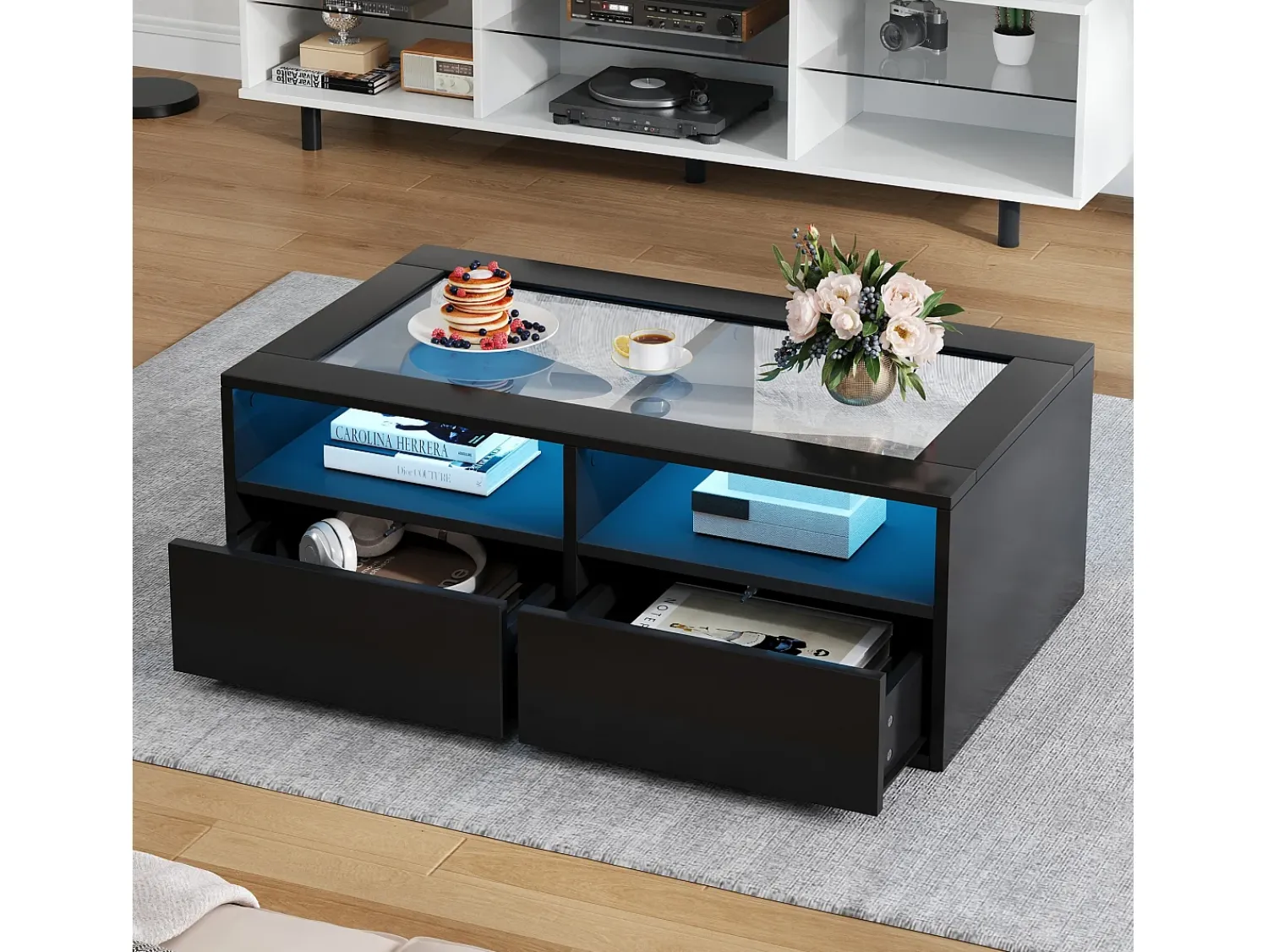 Mesa De Centro*ModernLuxe Mesa de centro 100x50x35cm - com iluminação LED - 2 gavetas - Tampo de vidro - Armazenamento aberto - Preto