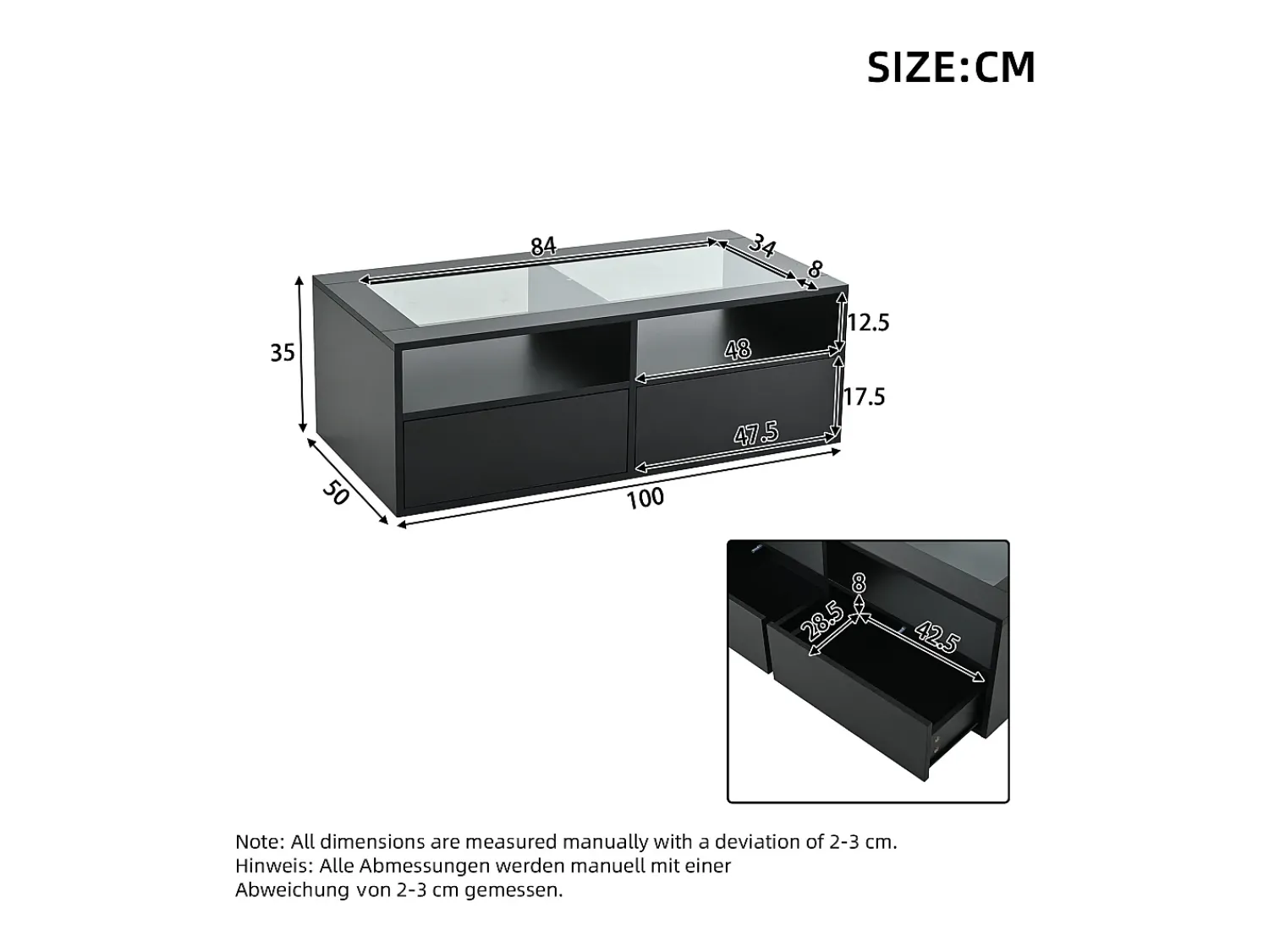 Mesa De Centro*ModernLuxe Mesa de centro 100x50x35cm - com iluminação LED - 2 gavetas - Tampo de vidro - Armazenamento aberto - Preto