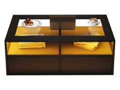 Mesa De Centro*ModernLuxe Mesa de centro 100x50x35cm - com iluminação LED - 2 gavetas - Tampo de vidro - Armazenamento aberto - Preto