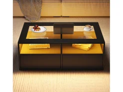 Mesa De Centro*ModernLuxe Mesa de centro 100x50x35cm - com iluminação LED - 2 gavetas - Tampo de vidro - Armazenamento aberto - Preto