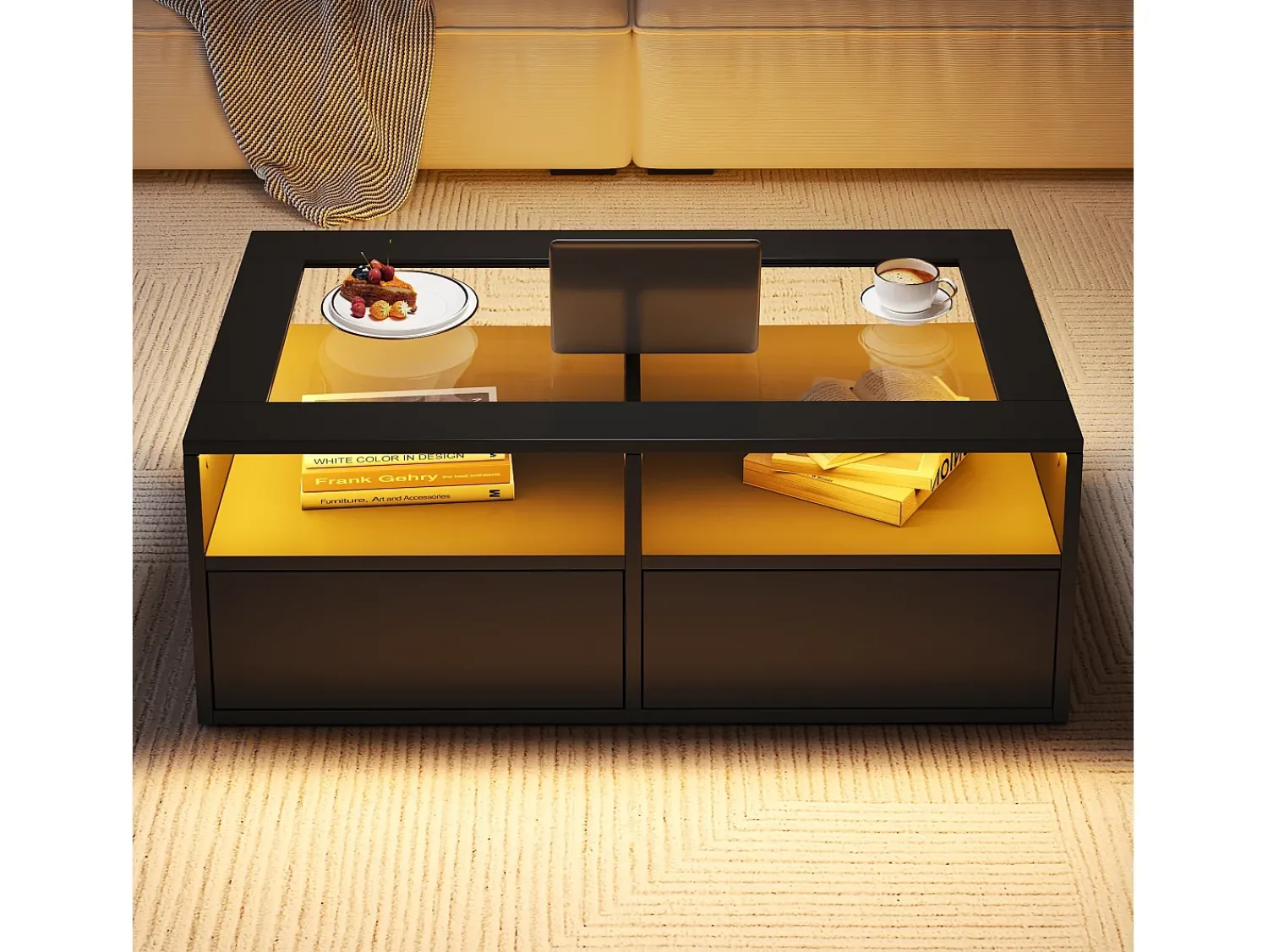 Mesa De Centro*ModernLuxe Mesa de centro 100x50x35cm - com iluminação LED - 2 gavetas - Tampo de vidro - Armazenamento aberto - Preto