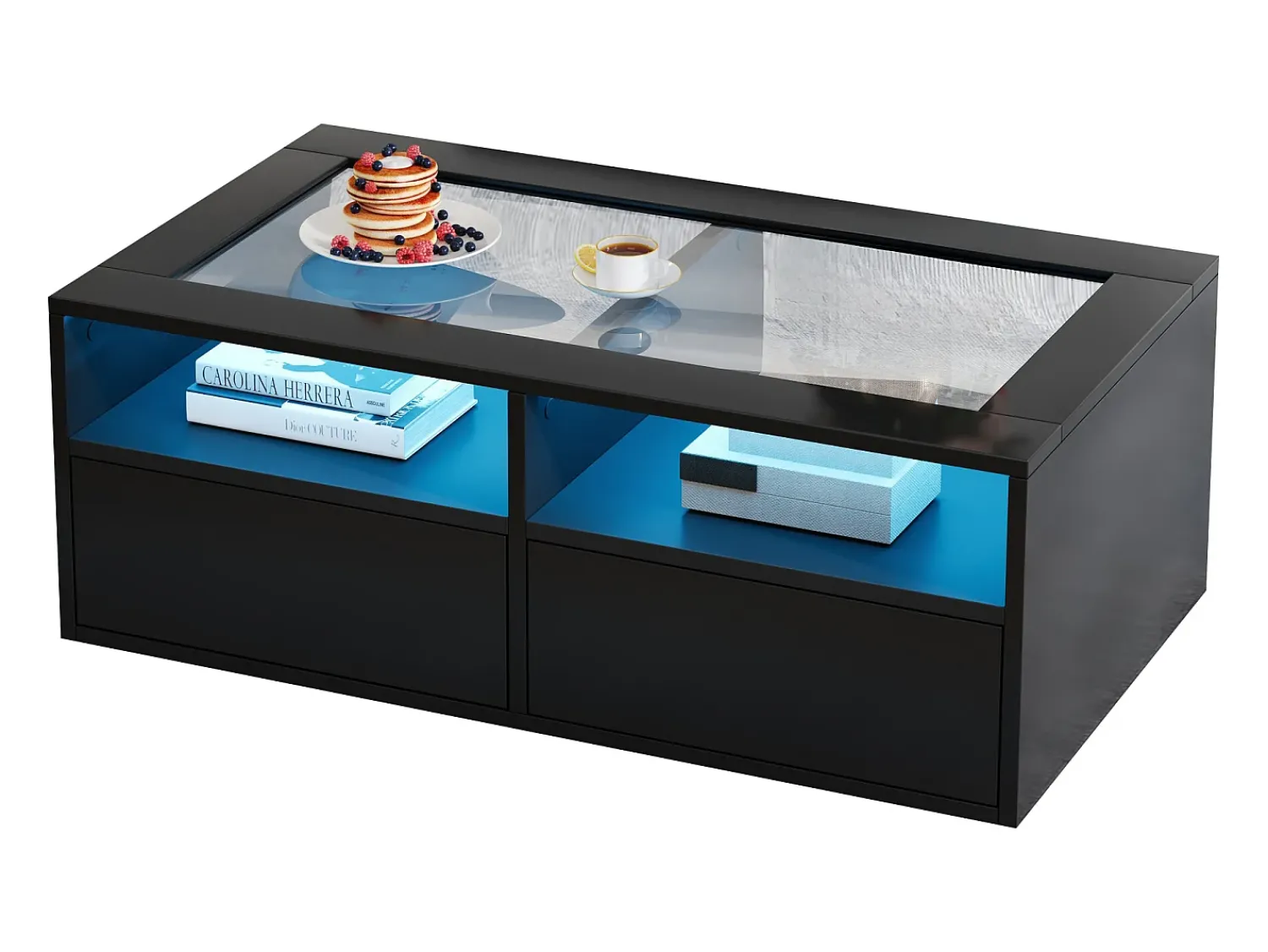 Mesa De Centro*ModernLuxe Mesa de centro 100x50x35cm - com iluminação LED - 2 gavetas - Tampo de vidro - Armazenamento aberto - Preto