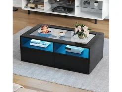 Mesa De Centro*ModernLuxe Mesa de centro 100x50x35cm - com iluminação LED - 2 gavetas - Tampo de vidro - Armazenamento aberto - Preto