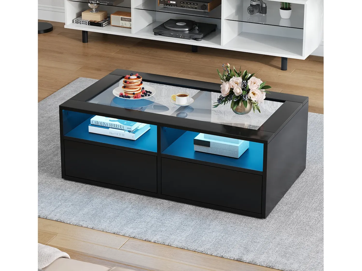 Mesa De Centro*ModernLuxe Mesa de centro 100x50x35cm - com iluminação LED - 2 gavetas - Tampo de vidro - Armazenamento aberto - Preto