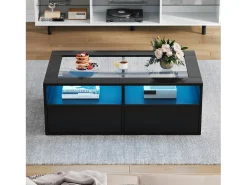 Mesa De Centro*ModernLuxe Mesa de centro 100x50x35cm - com iluminação LED - 2 gavetas - Tampo de vidro - Armazenamento aberto - Preto