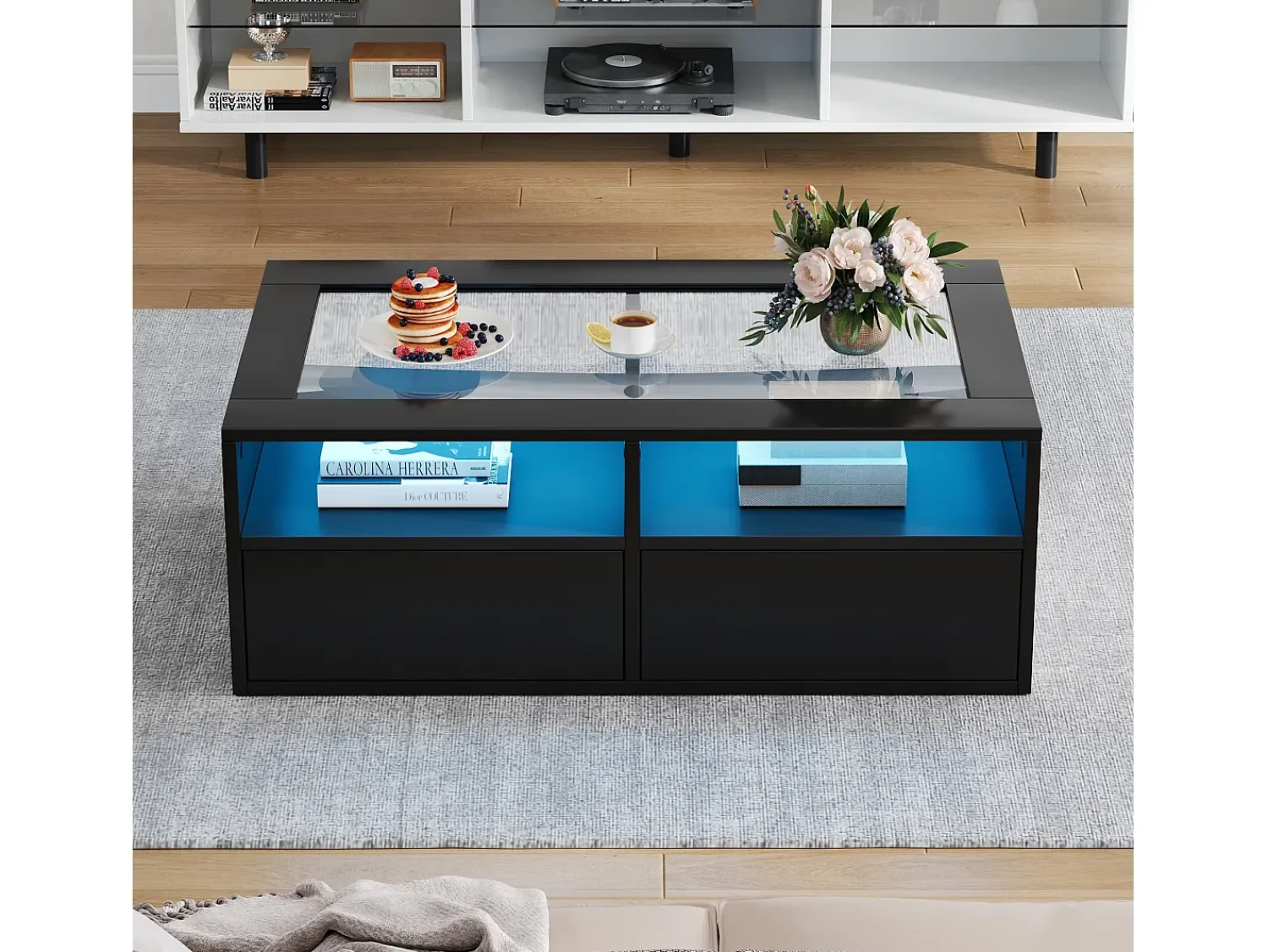 Mesa De Centro*ModernLuxe Mesa de centro 100x50x35cm - com iluminação LED - 2 gavetas - Tampo de vidro - Armazenamento aberto - Preto