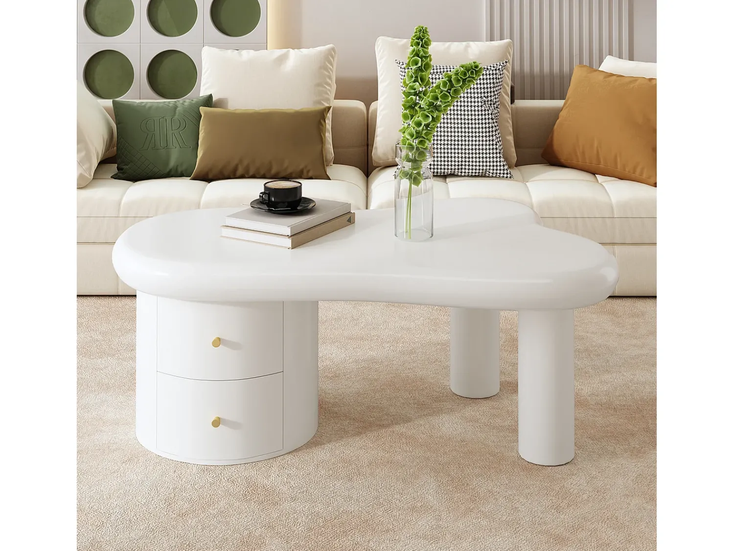 Mesa De Centro*Hauss Spole Mesa de centro 97x64x42cm com tampo em forma de nuvem e 2 gavetas, lacada a Branco