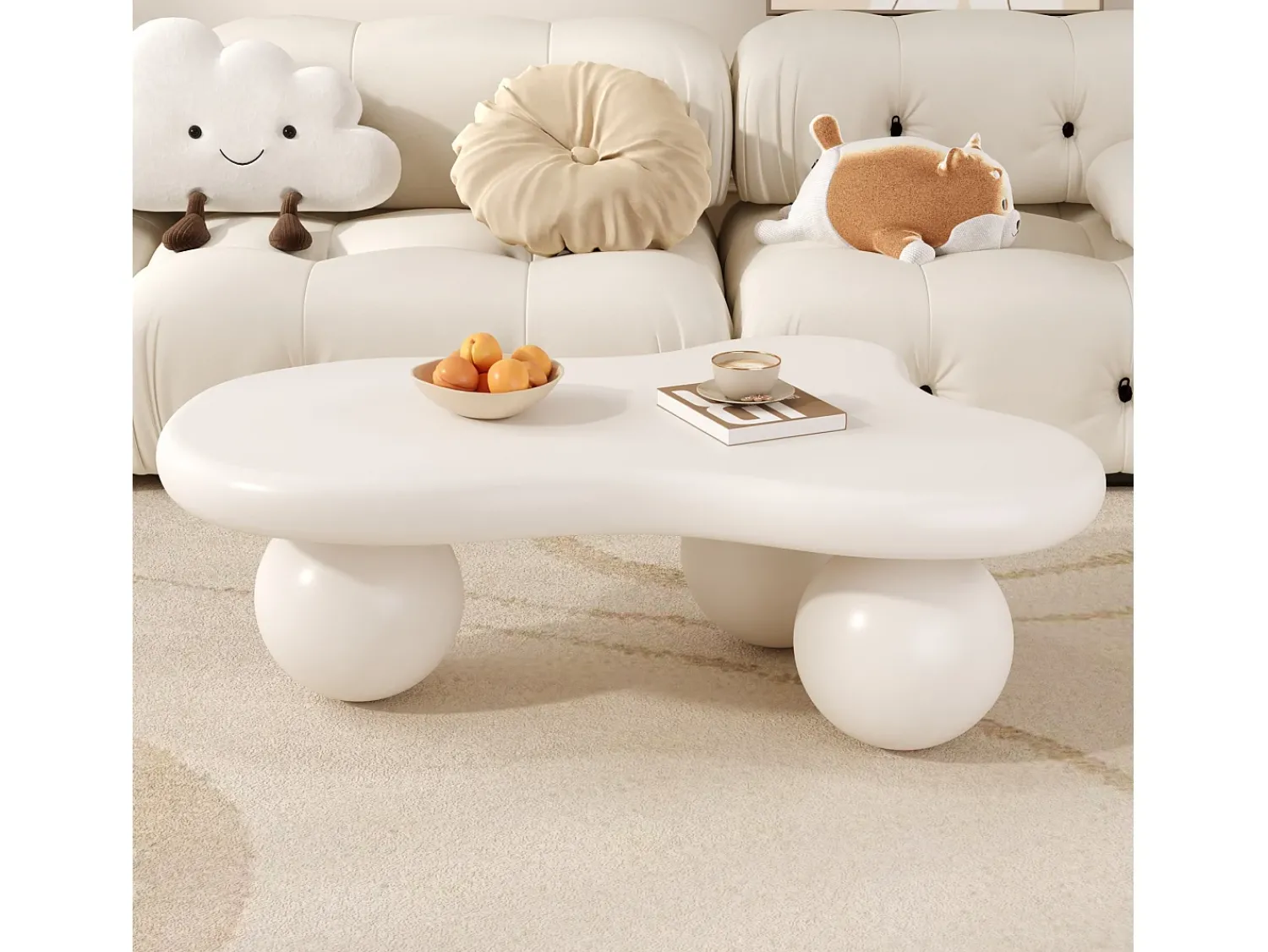 Mesa De Centro|Hauss Spole Mesa de centro 95x62,5x32cm com tampo em forma de nuvem e 3 pés grossos, LED incluído, branca Branco