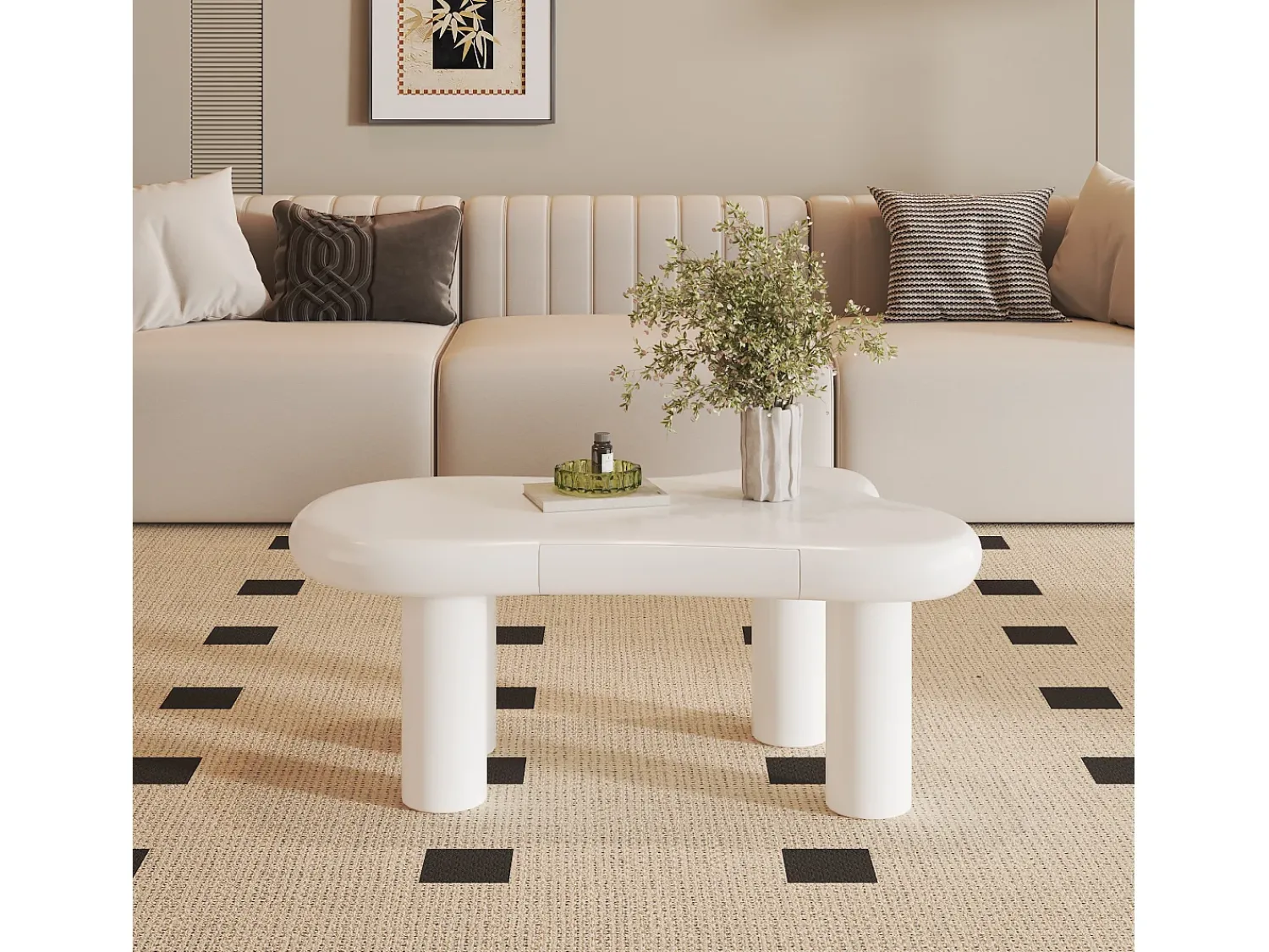 Mesa De Centro*Hauss Spole Mesa de centro 98x65,5x40cm com tampo em forma de nuvem e 4 pés grossos, 1 gaveta e LED incluído, branca Branco