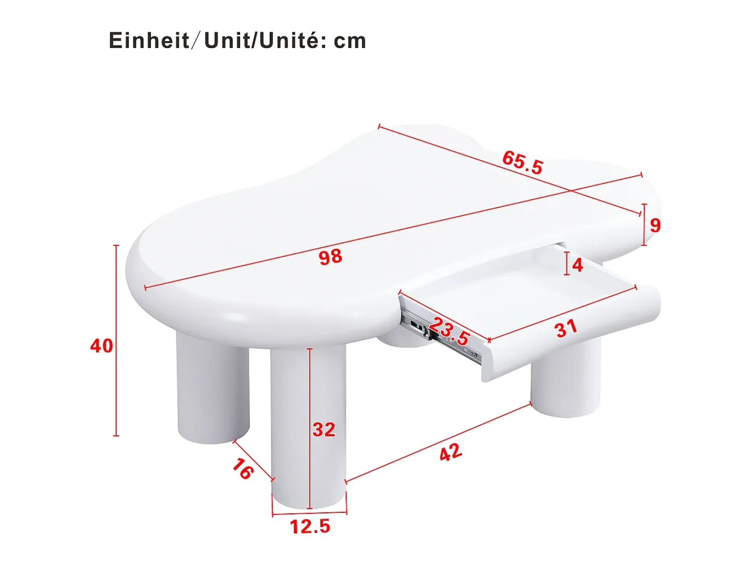 Mesa De Centro*Hauss Spole Mesa de centro 98x65,5x40cm com tampo em forma de nuvem e 4 pés grossos, 1 gaveta e LED incluído, branca Branco