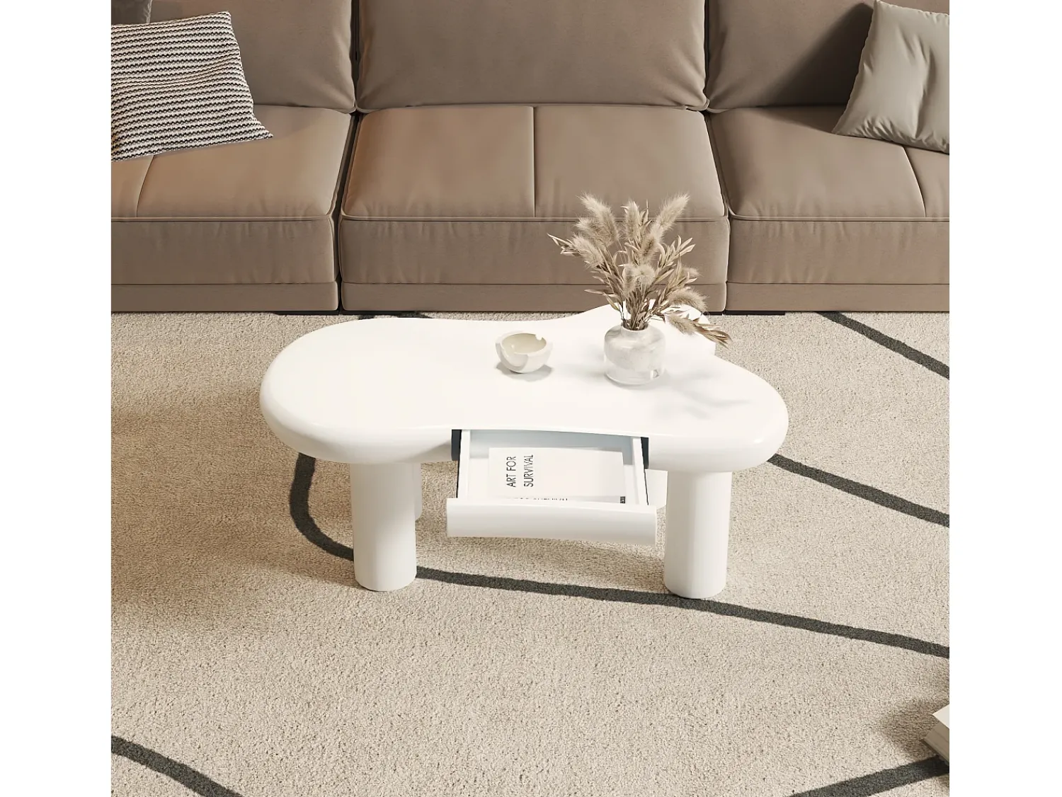 Mesa De Centro*Hauss Spole Mesa de centro 98x65,5x40cm com tampo em forma de nuvem e 4 pés grossos, 1 gaveta e LED incluído, branca Branco