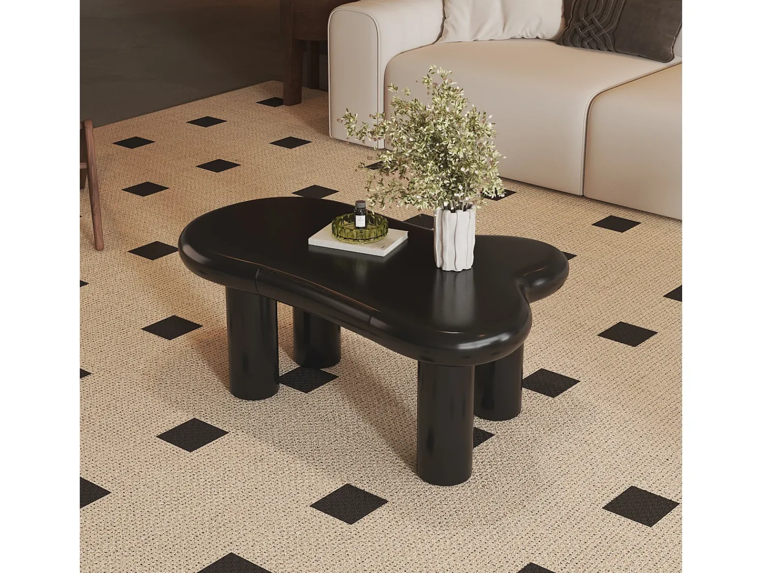 Mesa De Centro|Hauss Spole Mesa de centro 98x65,5x40cm com tampo em forma de nuvem e 4 pés grossos, 1 gaveta e LED incluído, preta Preto