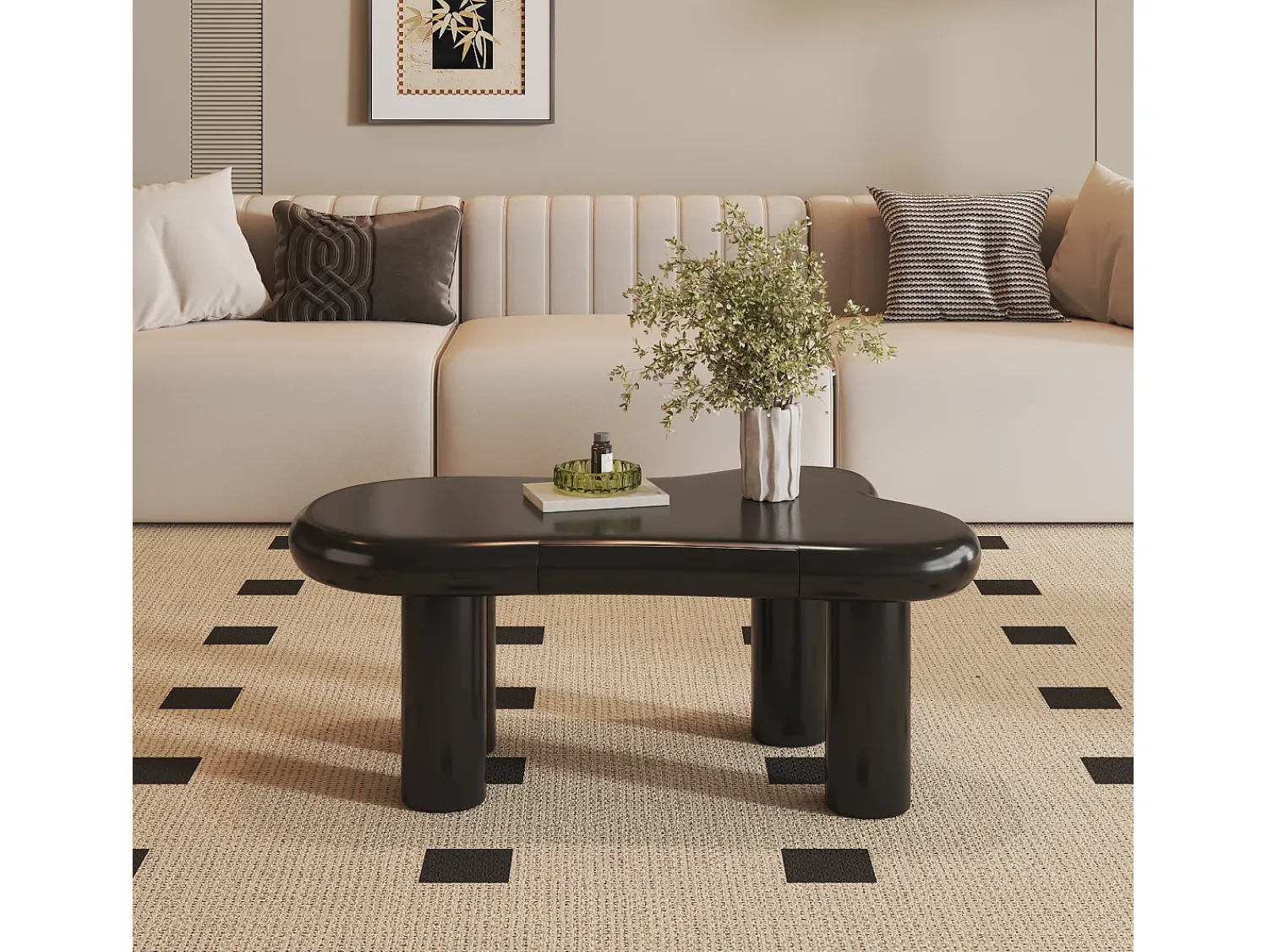 Mesa De Centro|Hauss Spole Mesa de centro 98x65,5x40cm com tampo em forma de nuvem e 4 pés grossos, 1 gaveta e LED incluído, preta Preto