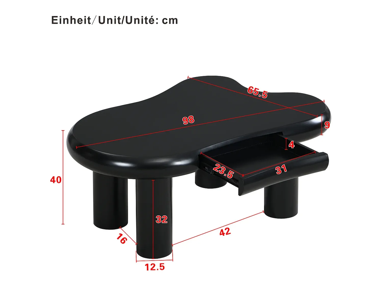 Mesa De Centro|Hauss Spole Mesa de centro 98x65,5x40cm com tampo em forma de nuvem e 4 pés grossos, 1 gaveta e LED incluído, preta Preto
