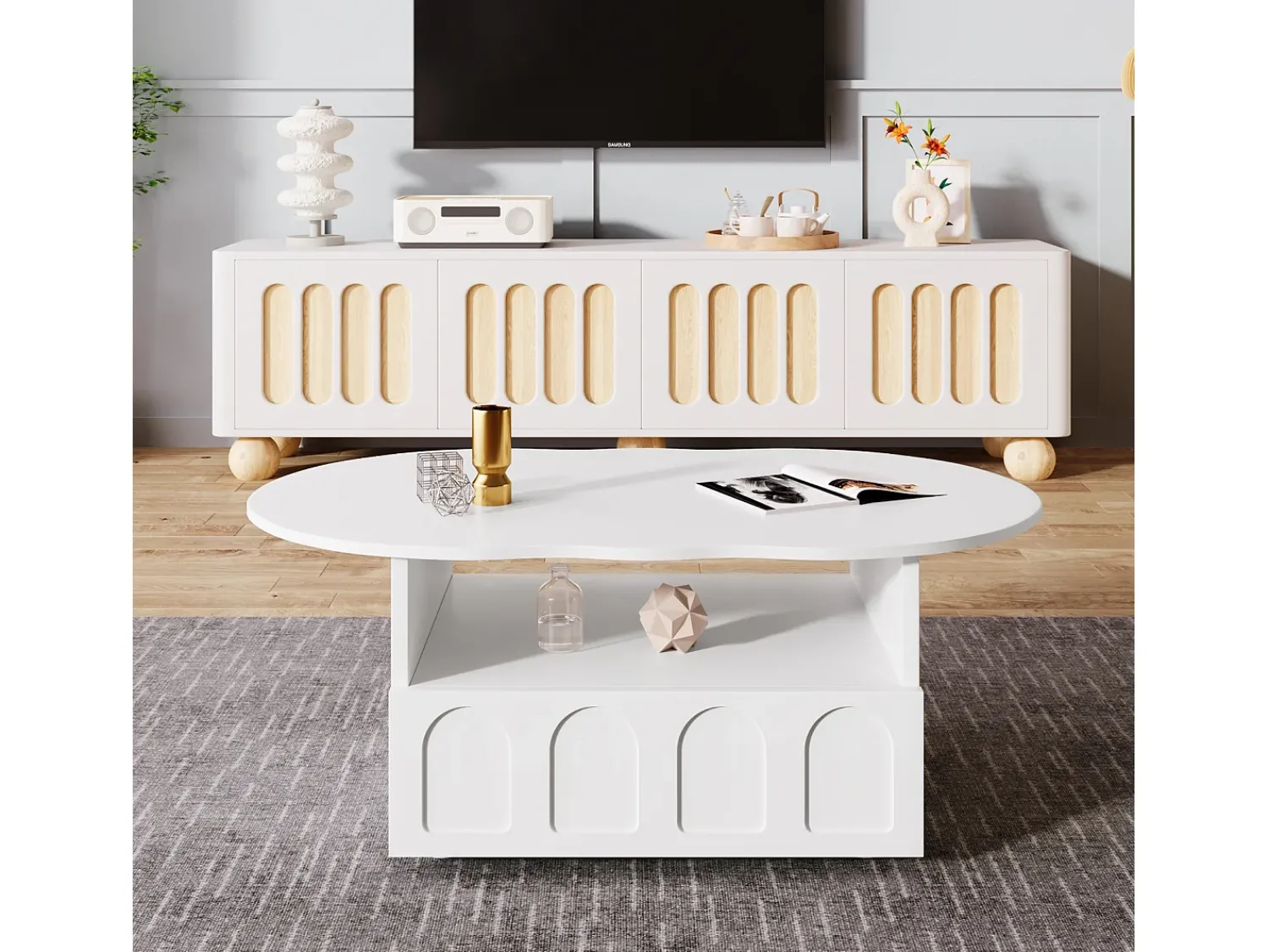 Mesa De Centro| Mesa de centro 100x39,2x60cm, formato nuvem com gavetas e compartimentos de arrumação, aglomerado, Branco
