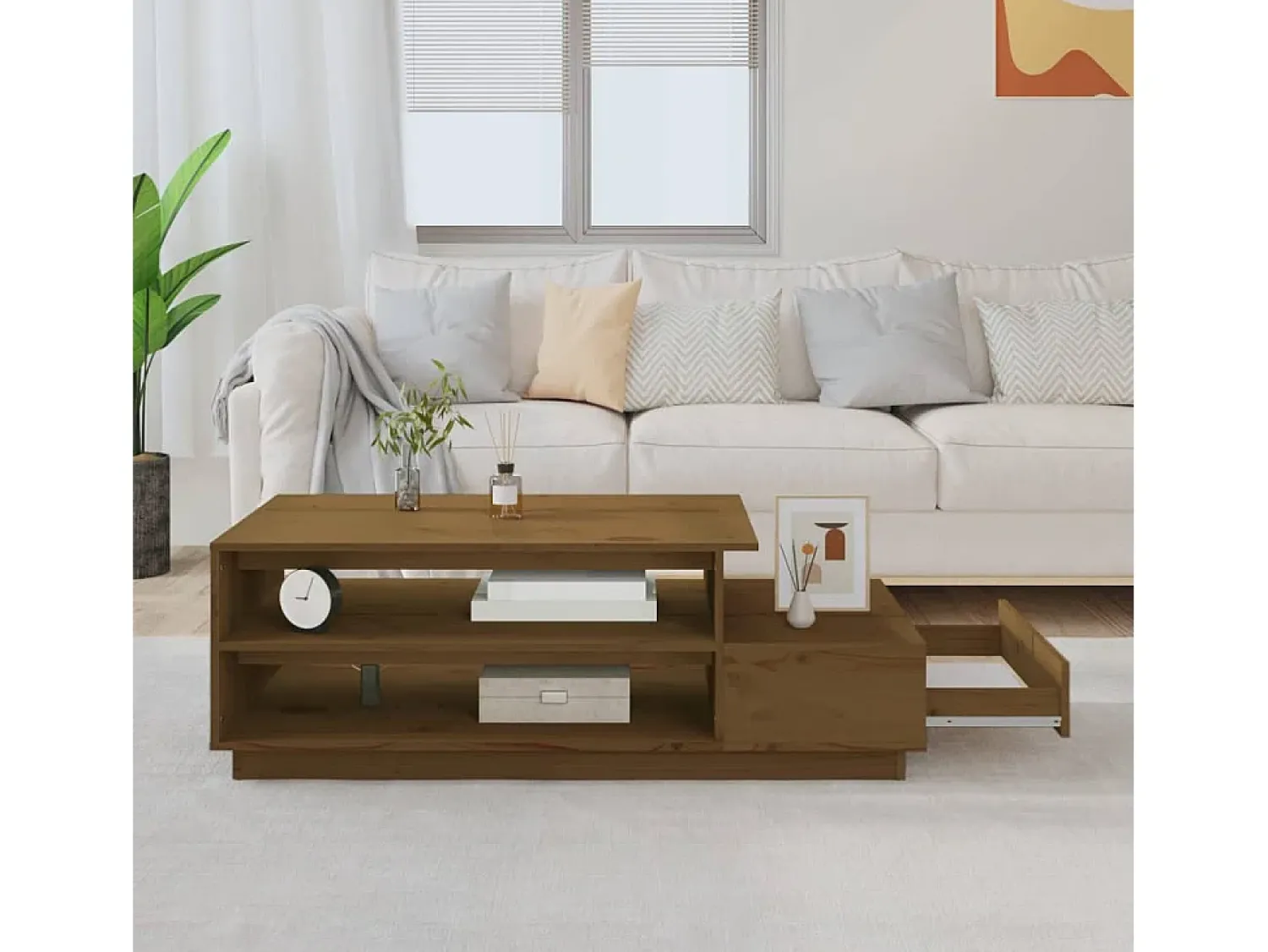 Mesa de centro 120x50x40,5cm madeira pinho maciça mel PT321714^ Mesa De Centro