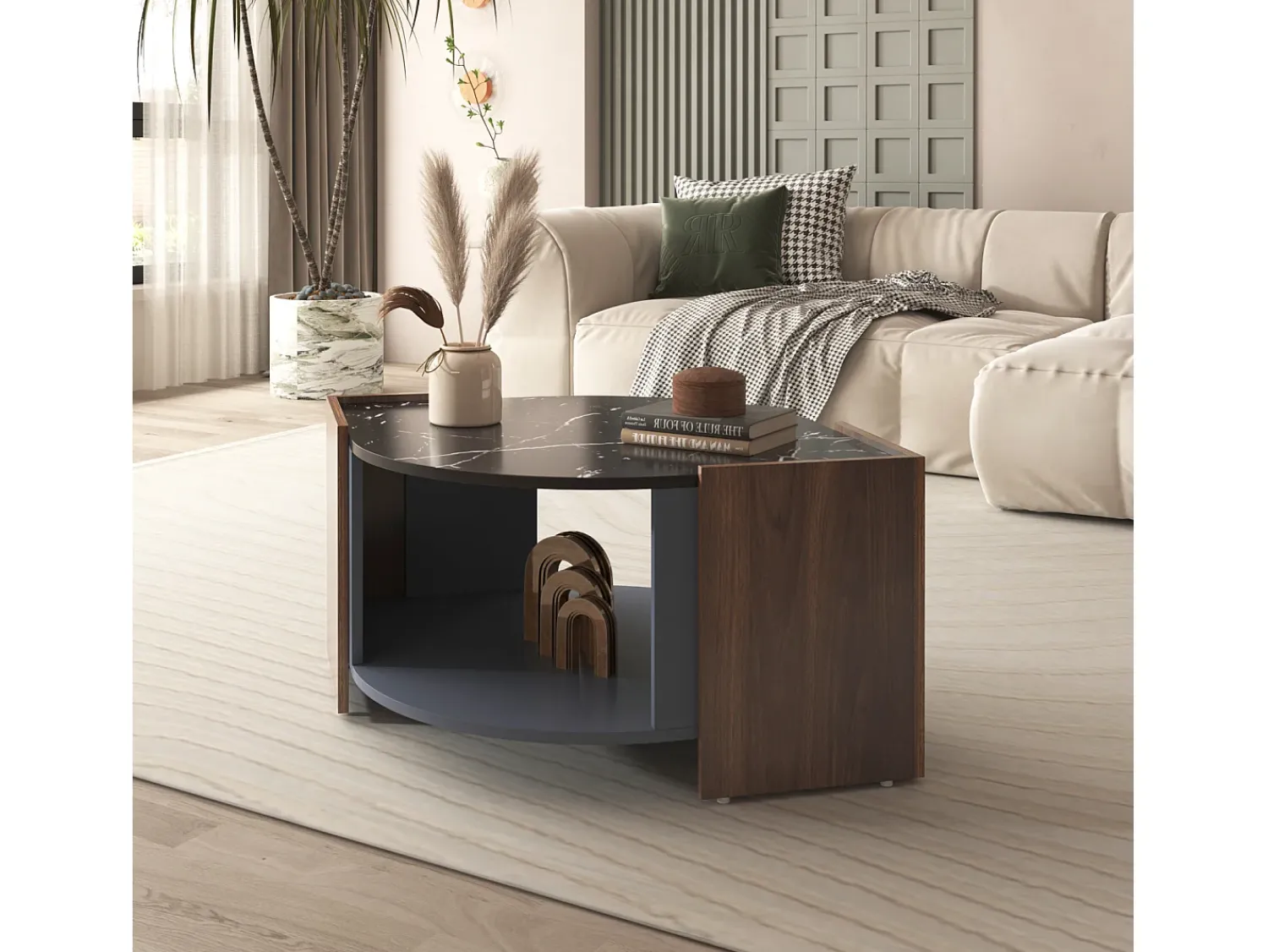 Mesa De Centro| Mesa de centro 96,5x63x40cm, tampo em mármore, nogueira em cores contrastantes, mesa de sala com linhas únicas Castanho