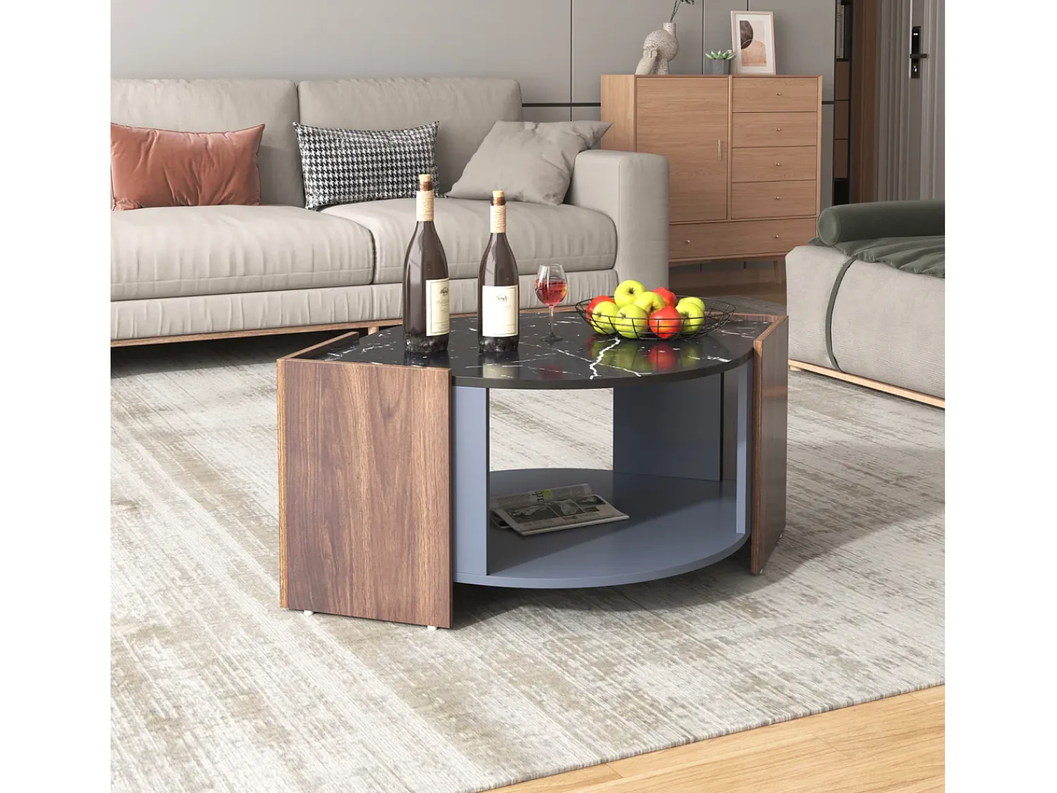 Mesa De Centro| Mesa de centro 96,5x63x40cm, tampo em mármore, nogueira em cores contrastantes, mesa de sala com linhas únicas Castanho