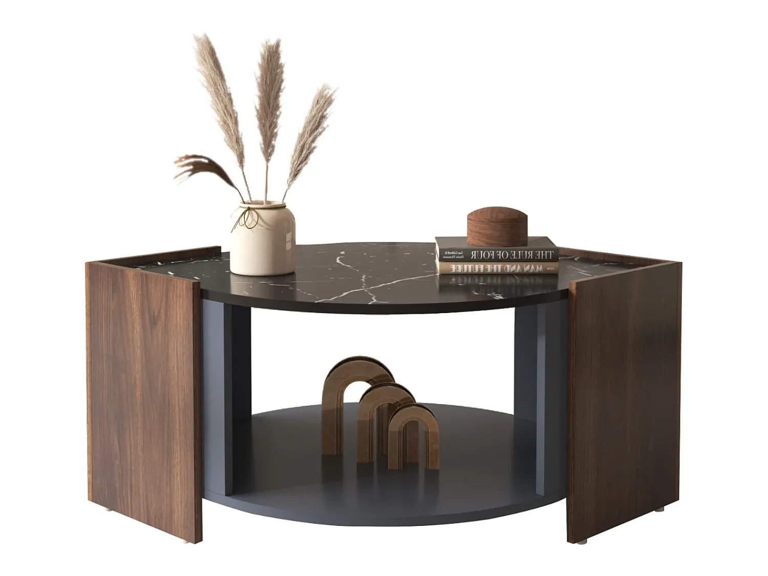 Mesa De Centro| Mesa de centro 96,5x63x40cm, tampo em mármore, nogueira em cores contrastantes, mesa de sala com linhas únicas Castanho