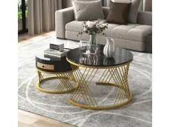 Sale Mesa de centro/lateral redonda 2 em 1 em MDF com tampo de mármore, gavetas em rattan, puxadores de madeira e pés de ferro dourado. 70x70x45,5+50x50x38,5cm Preto
