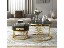 Sale Mesa de centro/lateral redonda 2 em 1 em MDF com tampo de mármore, gavetas em rattan, puxadores de madeira e pés de ferro dourado. 70x70x45,5+50x50x38,5cm Preto