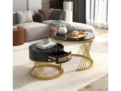 Sale Mesa de centro/lateral redonda 2 em 1 em MDF com tampo de mármore, gavetas em rattan, puxadores de madeira e pés de ferro dourado. 70x70x45,5+50x50x38,5cm Preto