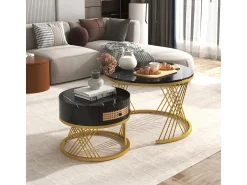Sale Mesa de centro/lateral redonda 2 em 1 em MDF com tampo de mármore, gavetas em rattan, puxadores de madeira e pés de ferro dourado. 70x70x45,5+50x50x38,5cm Preto