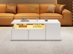 Merax Mesa de chá - 100 x 50 x 35 cm - mesa de centro para sala de estar - com LEDs + 2 gavetas - aglomerado -^ Mesa De Centro