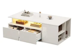 Merax Mesa de chá - 100 x 50 x 35 cm - mesa de centro para sala de estar - com LEDs + 2 gavetas - aglomerado -^ Mesa De Centro