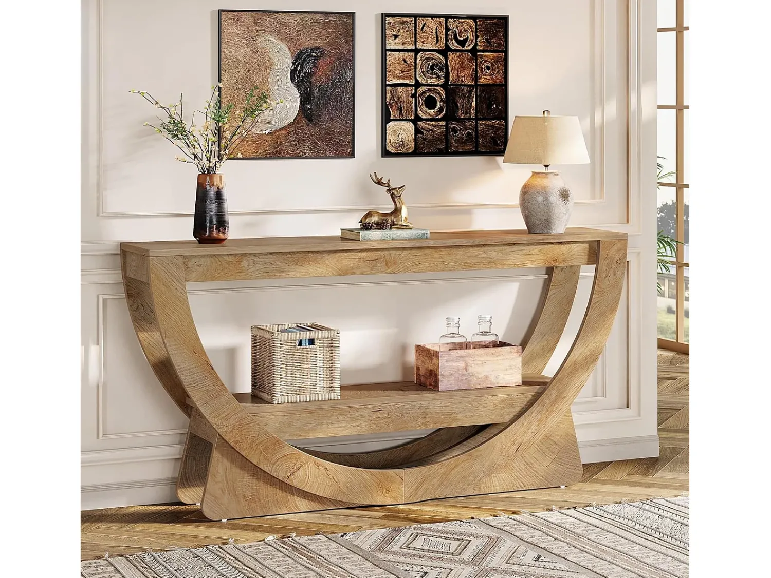 Consola*Tribesigns Mesa de Consola de 160 cm de Comprimento, Mesa de Entrada Rustica com 2 Prateleiras de Armazenamento Natural claro