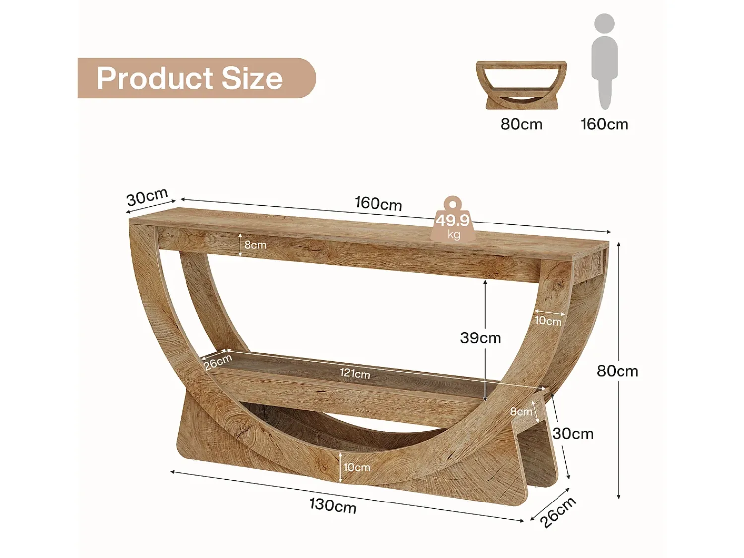 Consola*Tribesigns Mesa de Consola de 160 cm de Comprimento, Mesa de Entrada Rustica com 2 Prateleiras de Armazenamento Natural claro