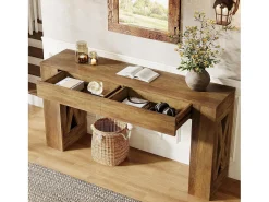 Consola|Tribesigns Mesa de Consola de 160 cm de Comprimento, Mesa de Entrada Rural com 2 Gavetas e Pernas em Forma de X Castanho