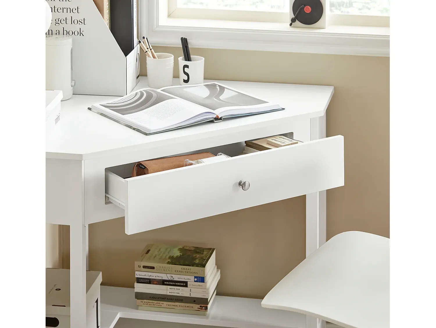 Best Sobuy Mesa de consola de canto branca com gaveta, triângulo FWT31-W Branco